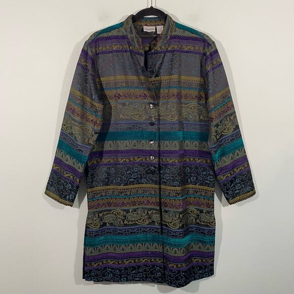 Chico's Women's Multicolor Jacquard Tapestry Knee Length Button Up Coat Sz 2 (L) - Picture 1 of 9